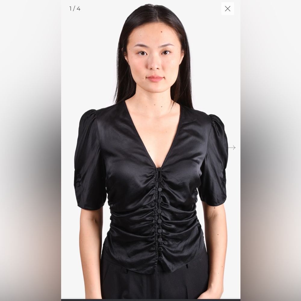 Black Satin Ruched V-Neck Women's Top